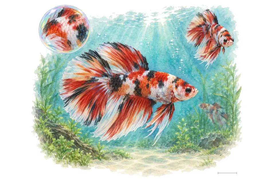 Aquarelle : Combattant koi (Betta splendens) dans une eau turquoise lumineuse, avec une vue de trois quarts et un détail dans une bulle.