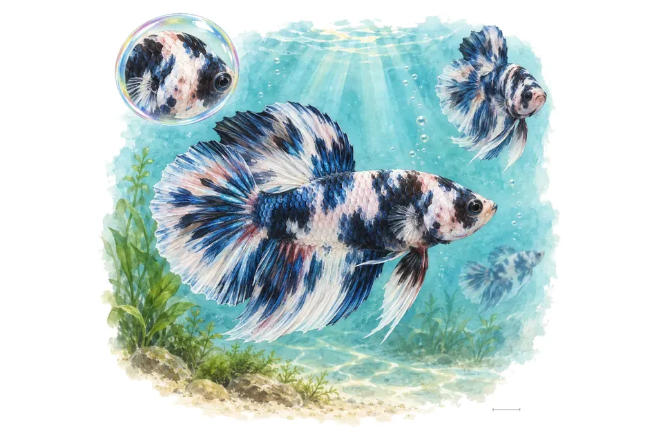 Aquarelle : Combattant marbré (Betta splendens) dans une eau turquoise lumineuse, avec une vue de trois quarts et un détail dans une bulle.