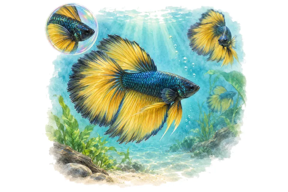 Aquarelle : Combattant mustard gas (Betta splendens) dans une eau turquoise lumineuse, avec une vue de trois quarts et un détail dans une bulle.