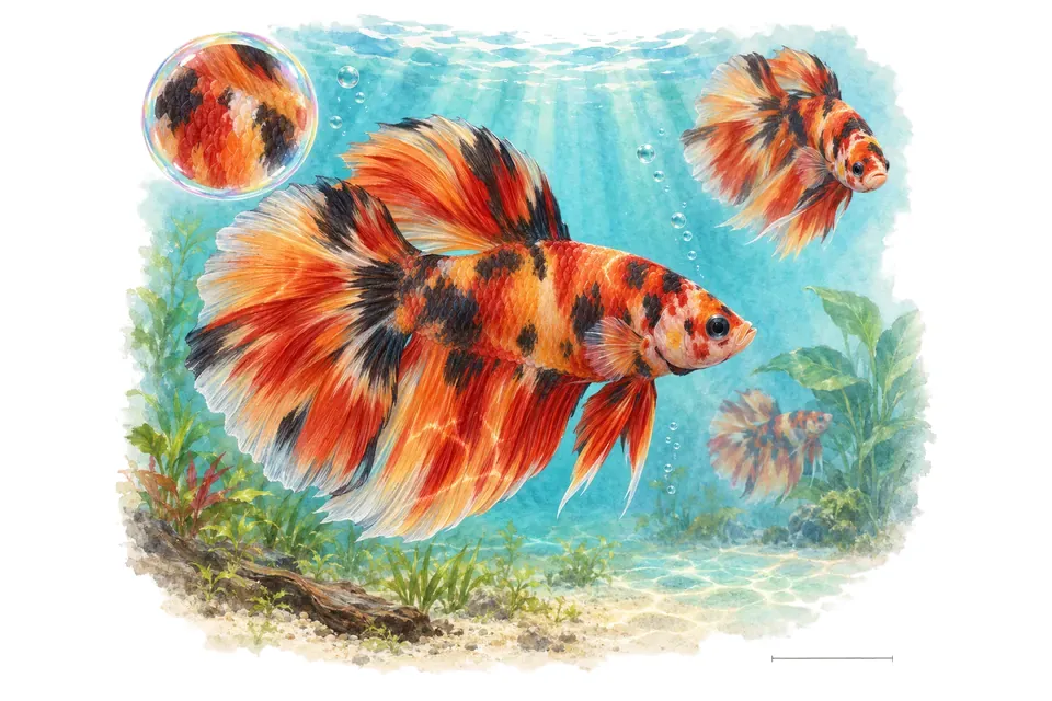 Aquarelle : Combattant Nemo (Betta splendens) dans une eau turquoise lumineuse, avec une vue de trois quarts et un détail dans une bulle.
