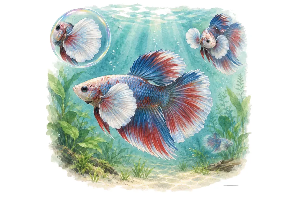 Aquarelle : Combattant oreilles d'éléphant (Betta splendens) dans une eau turquoise lumineuse, avec une vue de trois quarts et un détail dans une bulle.