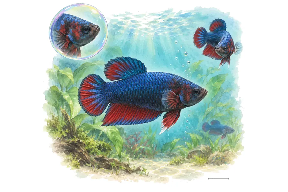 Aquarelle : Combattant plakat (Betta splendens) dans une eau turquoise lumineuse, avec une vue de trois quarts et un détail dans une bulle.
