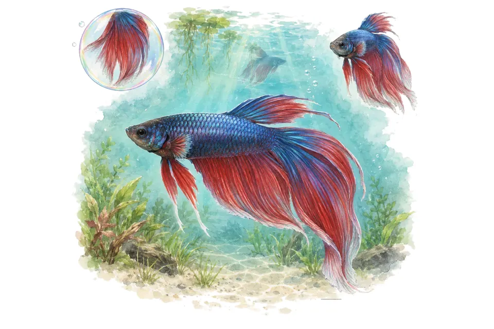 Aquarelle : Combattant queue de voile (Betta splendens) dans une eau turquoise lumineuse, avec une vue de trois quarts et un détail dans une bulle.