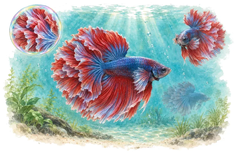 Aquarelle : Combattant rosetail (Betta splendens) dans une eau turquoise lumineuse, avec une vue de trois quarts et un détail dans une bulle.