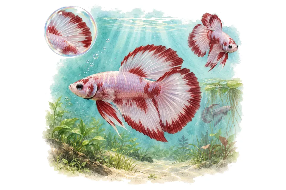 Aquarelle : Combattant salamandre (Betta splendens) dans une eau turquoise lumineuse, avec une vue de trois quarts et un détail dans une bulle.