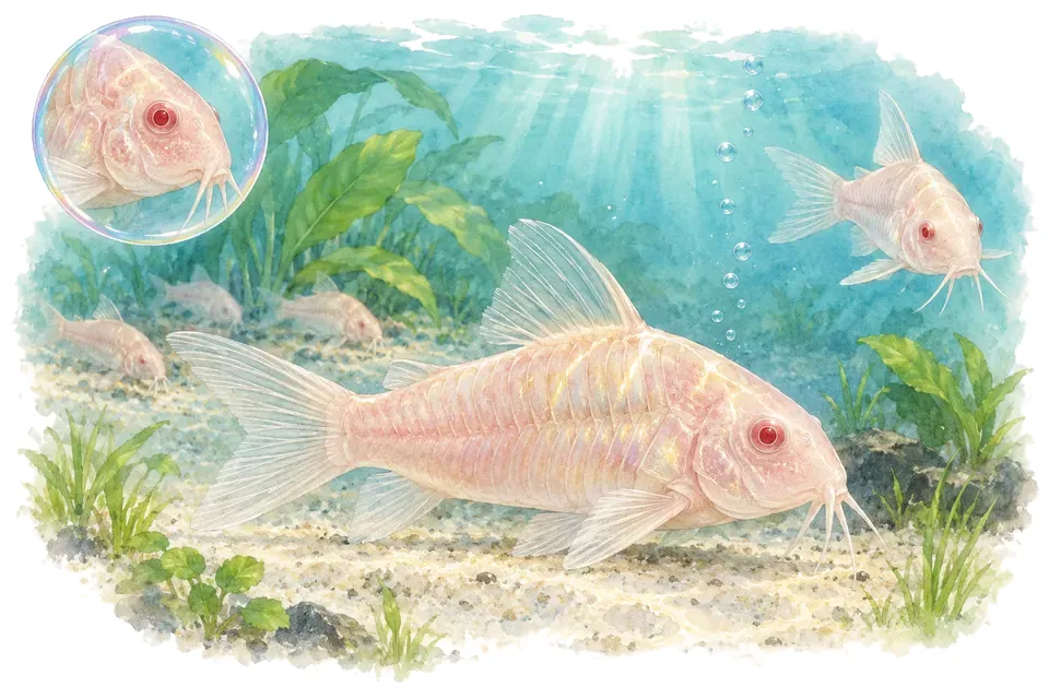 Aquarelle : Corydoras albinos (Osteogaster aenea) dans une eau turquoise lumineuse, avec une vue de trois quarts et un détail dans une bulle.
