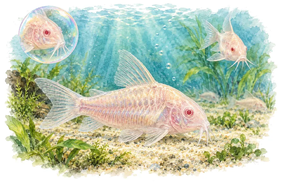 Aquarelle : Corydoras albinos de C. paleatus (Hoplisoma paleatum) dans une eau turquoise lumineuse, avec une vue de trois quarts et un détail dans une bulle.