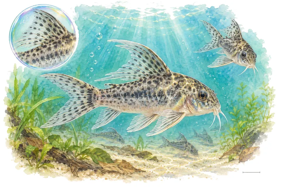 Aquarelle : Corydoras à longues nageoires (Hoplisoma paleatum) dans une eau turquoise lumineuse, avec une vue de trois quarts et un détail dans une bulle.