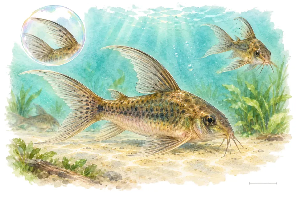 Aquarelle : Corydoras voile (Osteogaster aenea) dans une eau turquoise lumineuse, avec une vue de trois quarts et un détail dans une bulle.