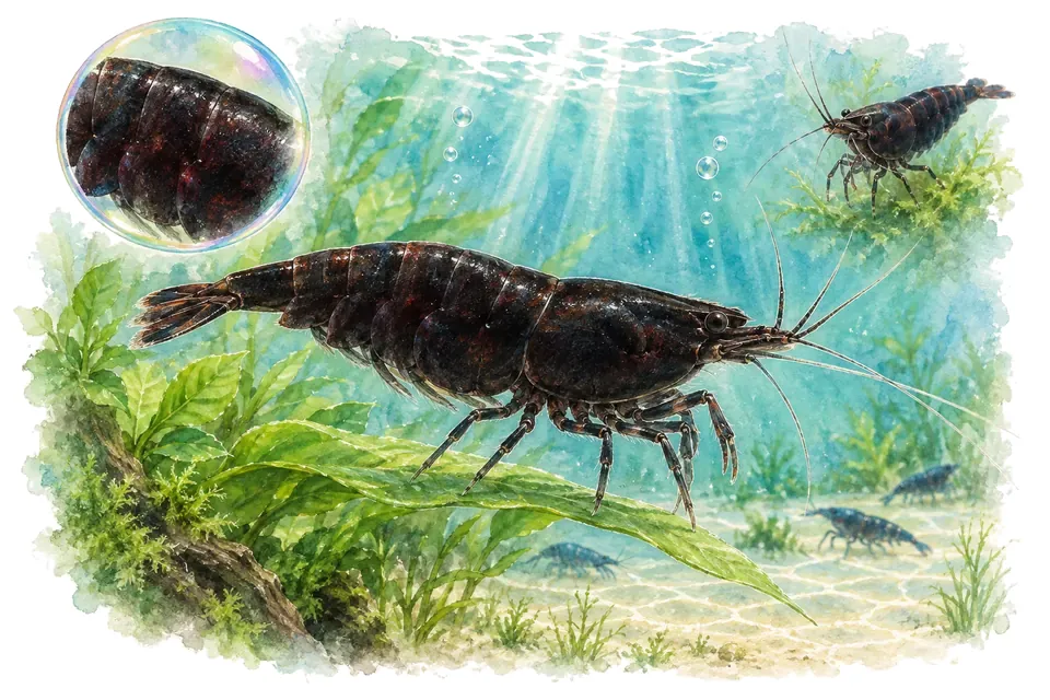 Aquarelle : Crevette black rose (Neocaridina davidi) dans une eau turquoise lumineuse, avec une vue de trois quarts et un détail dans une bulle.