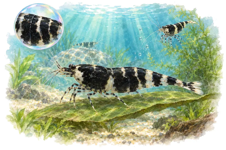 Aquarelle : Crevette black tiger (Caridina mariae) dans une eau turquoise lumineuse, avec une vue de trois quarts et un détail dans une bulle.