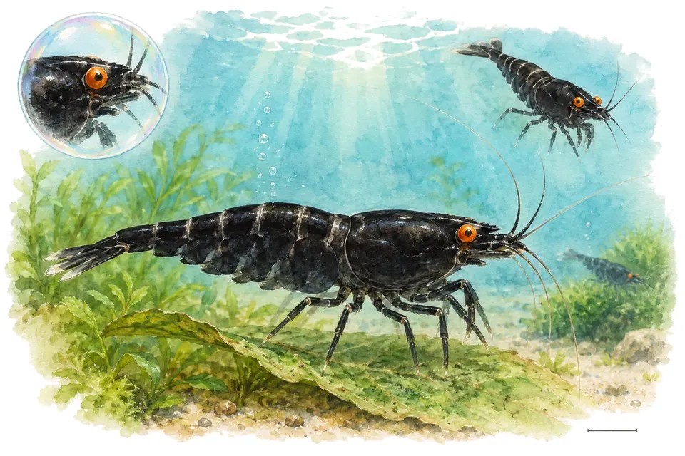 Aquarelle : Crevette black tiger à yeux orange (Caridina mariae) dans une eau turquoise lumineuse, avec une vue de trois quarts et un détail dans une bulle.