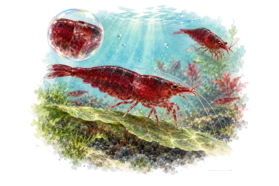 Aquarelle : Crevette bloody mary (Neocaridina davidi) dans une eau turquoise lumineuse, avec une vue de trois quarts et un détail dans une bulle.