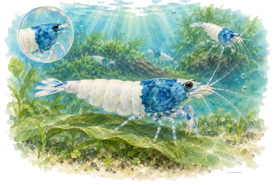 Aquarelle : Crevette Taiwan bee blue bolt (Caridina logemanni) dans une eau turquoise lumineuse, avec une vue de trois quarts et un détail dans une bulle.