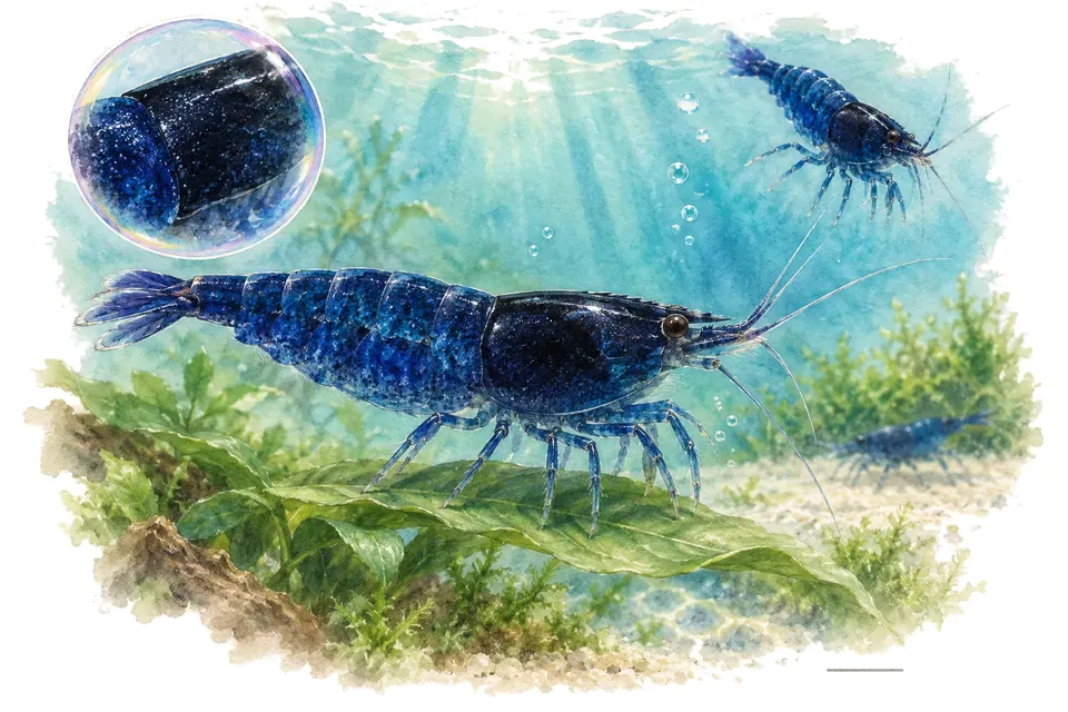 Aquarelle : Crevette blue diamond (Neocaridina davidi) dans une eau turquoise lumineuse, avec une vue de trois quarts et un détail dans une bulle.
