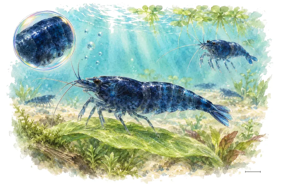Aquarelle : Crevette blue dream (Neocaridina davidi) dans une eau turquoise lumineuse, avec une vue de trois quarts et un détail dans une bulle.