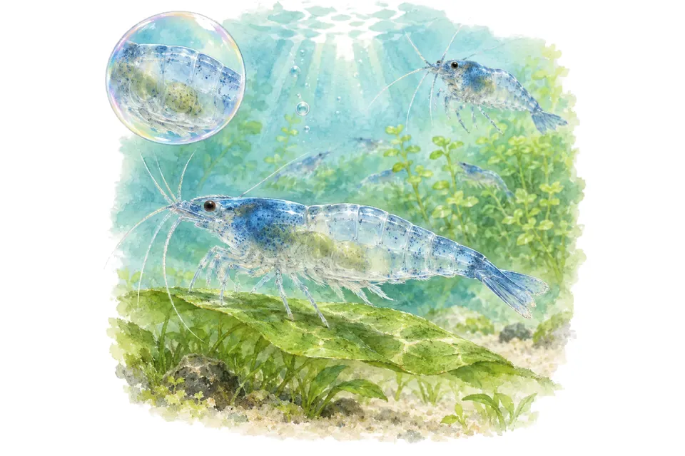 Aquarelle : Crevette blue jelly (Neocaridina davidi) dans une eau turquoise lumineuse, avec une vue de trois quarts et un détail dans une bulle.