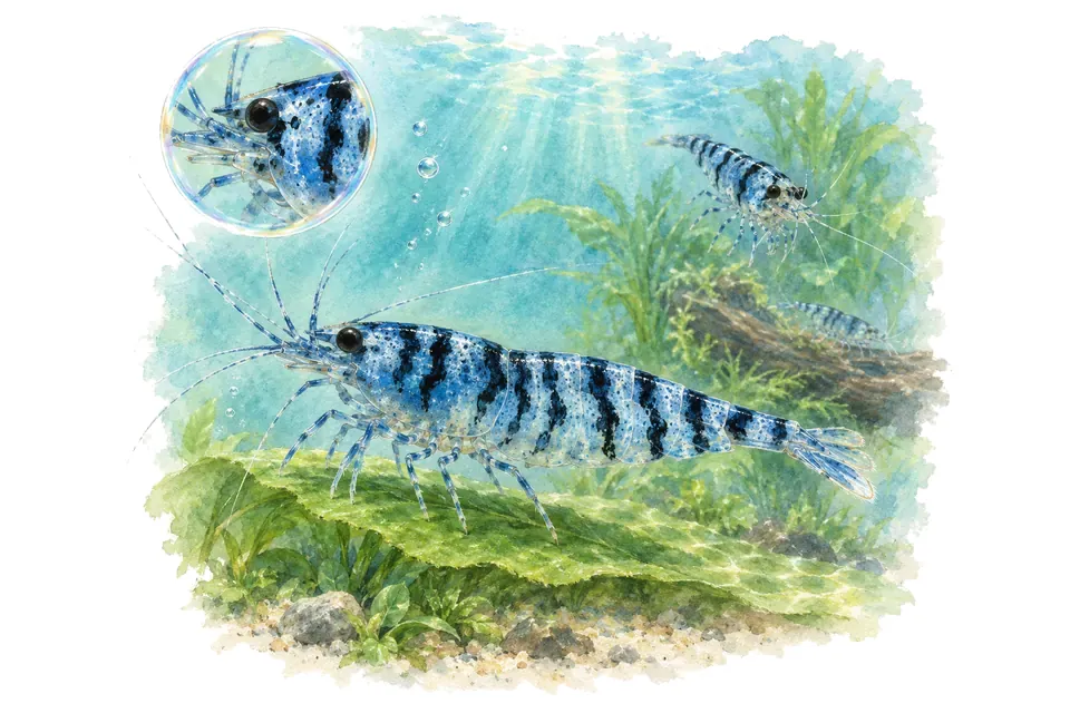 Aquarelle : Crevette blue tiger à yeux noirs (Caridina mariae) dans une eau turquoise lumineuse, avec une vue de trois quarts et un détail dans une bulle.