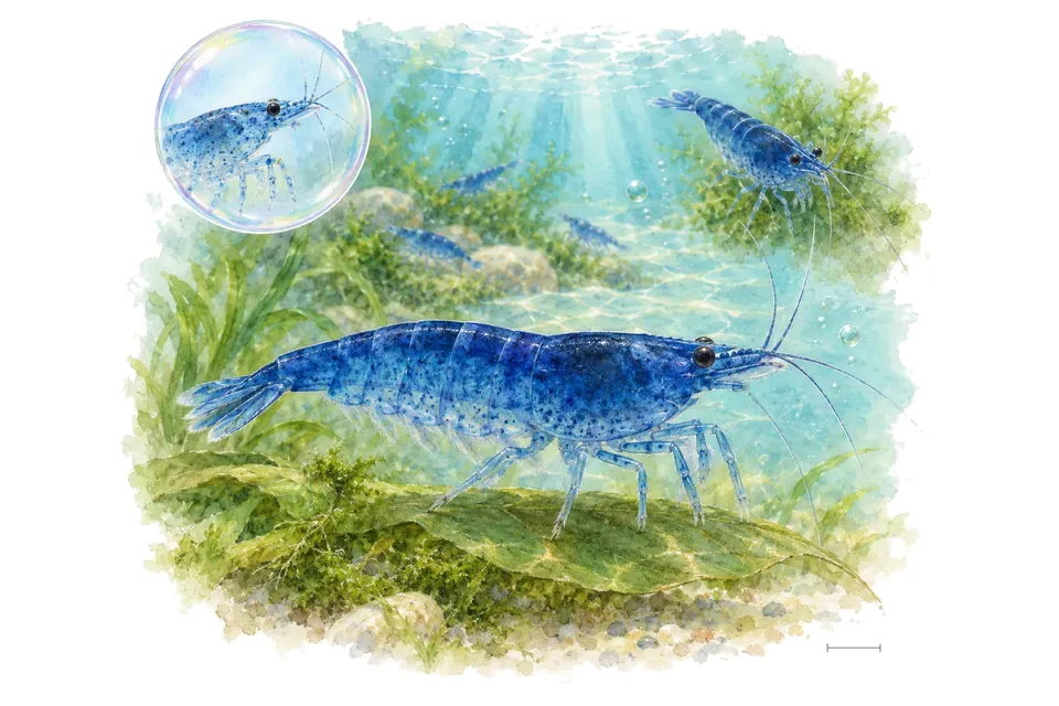 Aquarelle : Crevette blue velvet (Neocaridina davidi) dans une eau turquoise lumineuse, avec une vue de trois quarts et un détail dans une bulle.