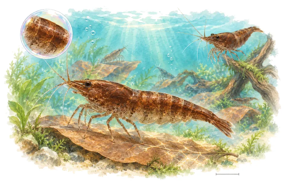 Aquarelle : Crevette chocolat (Neocaridina davidi) dans une eau turquoise lumineuse, avec une vue de trois quarts et un détail dans une bulle.