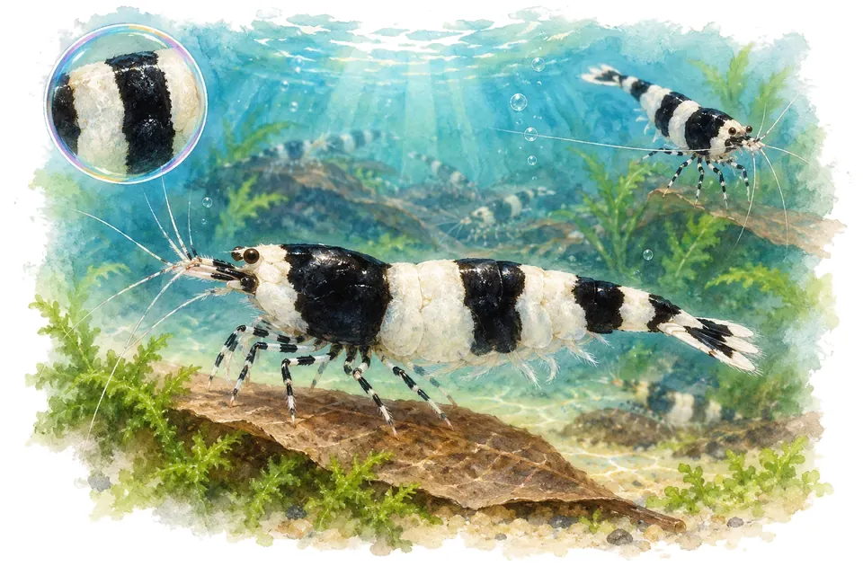 Aquarelle : Crevette crystal black (Caridina logemanni) dans une eau turquoise lumineuse, avec une vue de trois quarts et un détail dans une bulle.