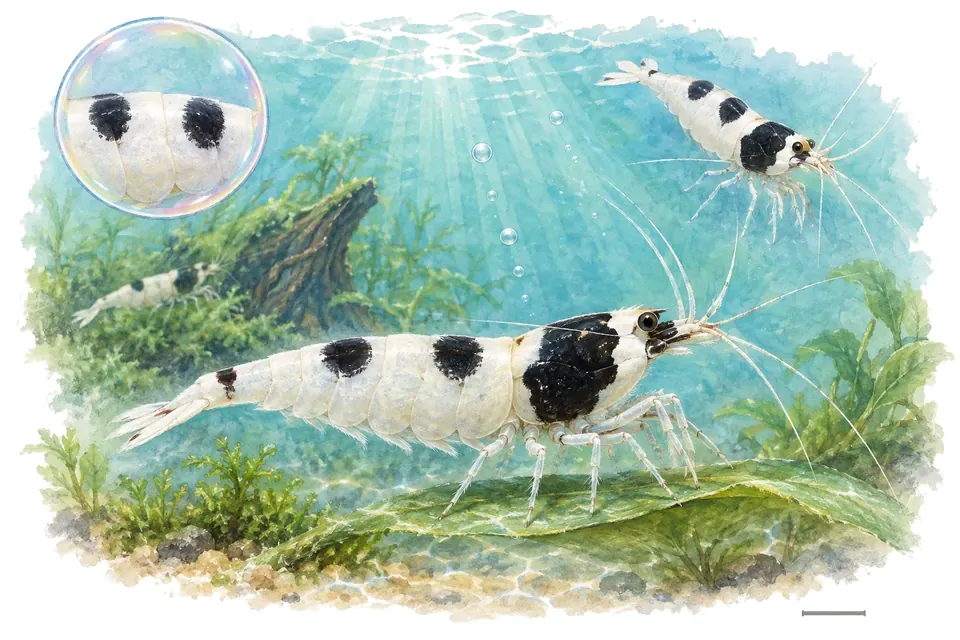 Aquarelle : Crevette crystal black double hinomaru (Caridina logemanni) dans une eau turquoise lumineuse, avec une vue de trois quarts et un détail dans une bulle.