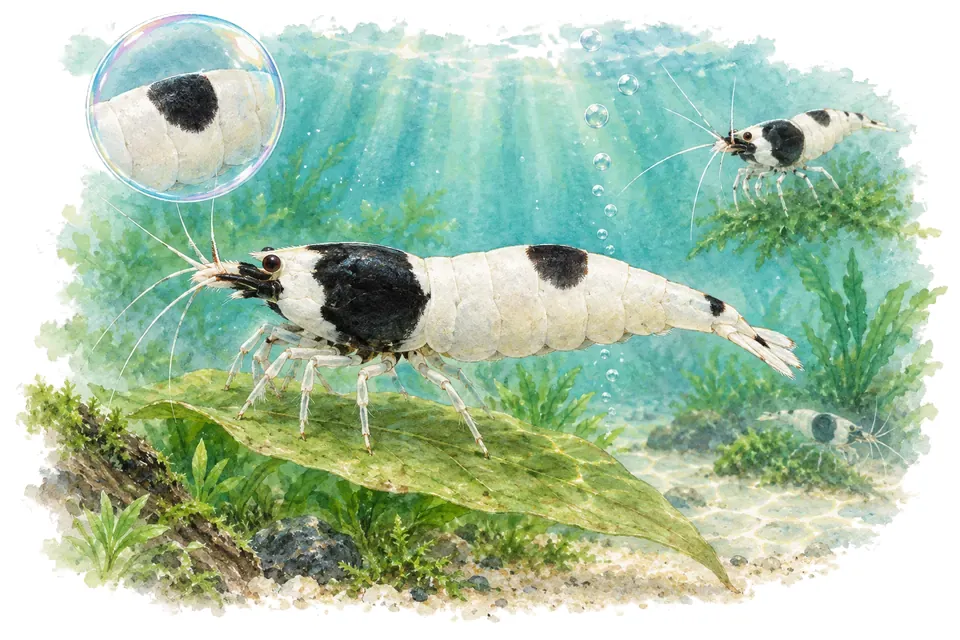 Aquarelle : Crevette crystal black hinomaru (Caridina logemanni) dans une eau turquoise lumineuse, avec une vue de trois quarts et un détail dans une bulle.