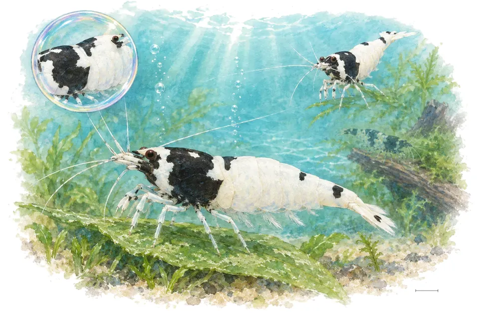 Aquarelle : Crevette crystal black mosura (Caridina logemanni) dans une eau turquoise lumineuse, avec une vue de trois quarts et un détail dans une bulle.