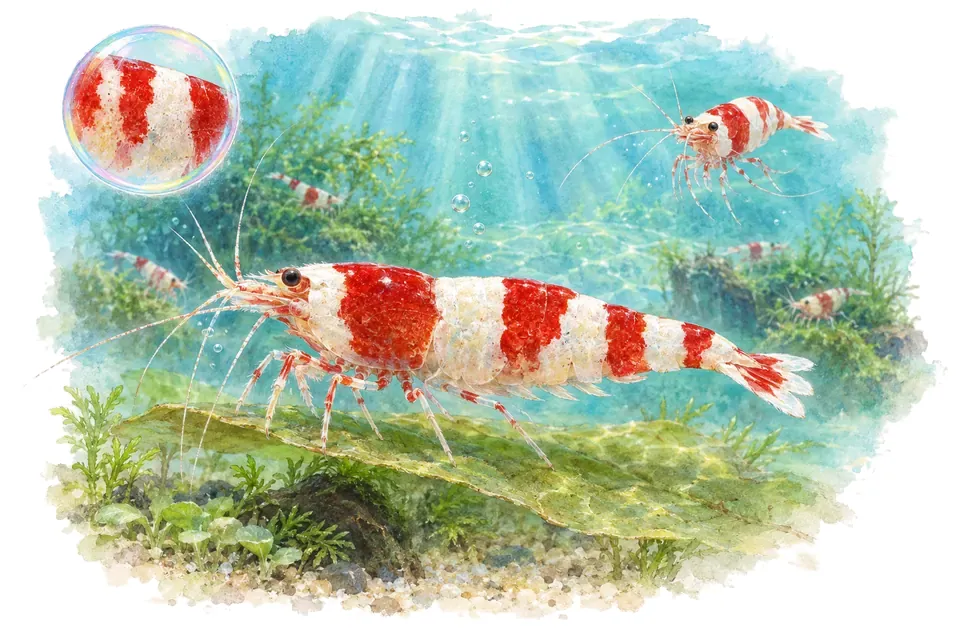 Aquarelle : Crevette crystal red (Caridina logemanni) dans une eau turquoise lumineuse, avec une vue de trois quarts et un détail dans une bulle.