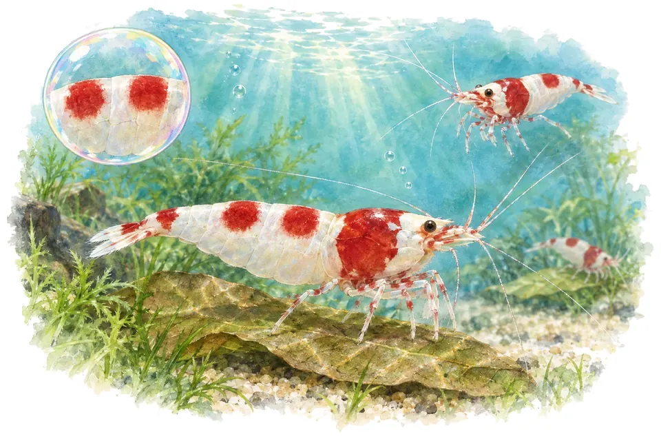Aquarelle : Crevette crystal red double hinomaru (Caridina logemanni) dans une eau turquoise lumineuse, avec une vue de trois quarts et un détail dans une bulle.