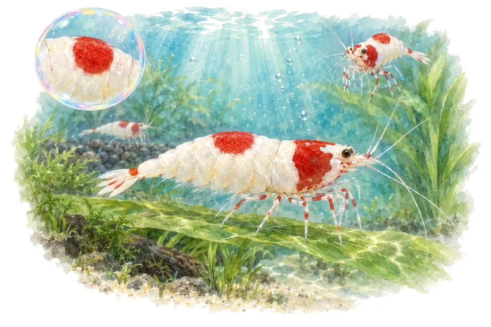 Aquarelle : Crevette crystal red hinomaru (Caridina logemanni) dans une eau turquoise lumineuse, avec une vue de trois quarts et un détail dans une bulle.