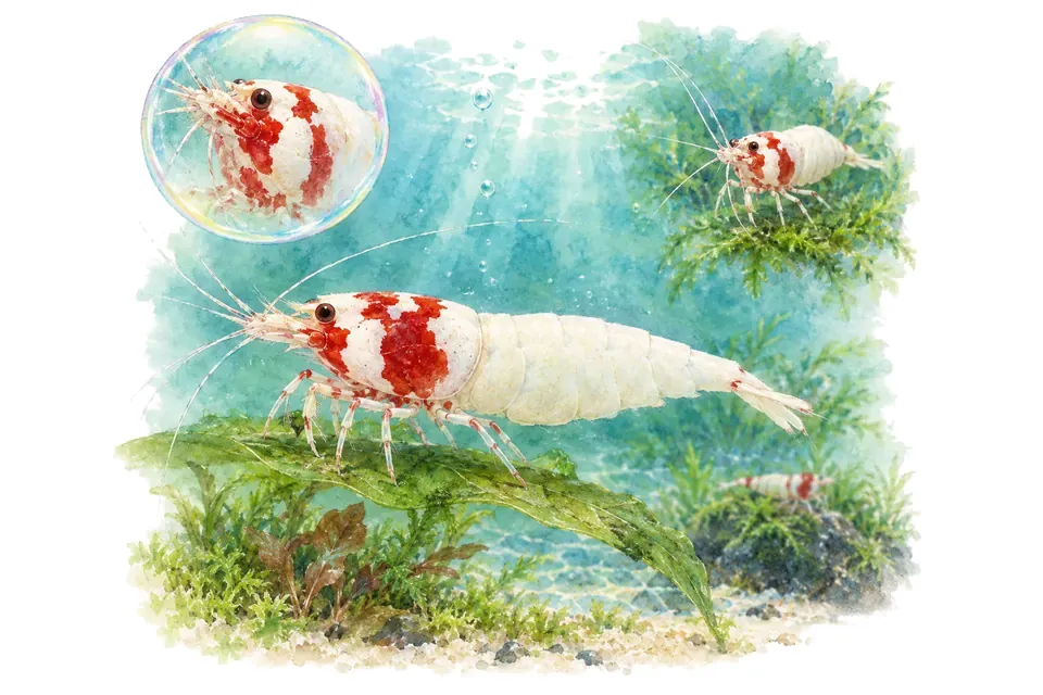 Aquarelle : Crevette crystal red mosura (Caridina logemanni) dans une eau turquoise lumineuse, avec une vue de trois quarts et un détail dans une bulle.