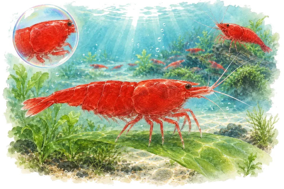 Aquarelle : Crevette fire red (Neocaridina davidi) dans une eau turquoise lumineuse, avec une vue de trois quarts et un détail dans une bulle.