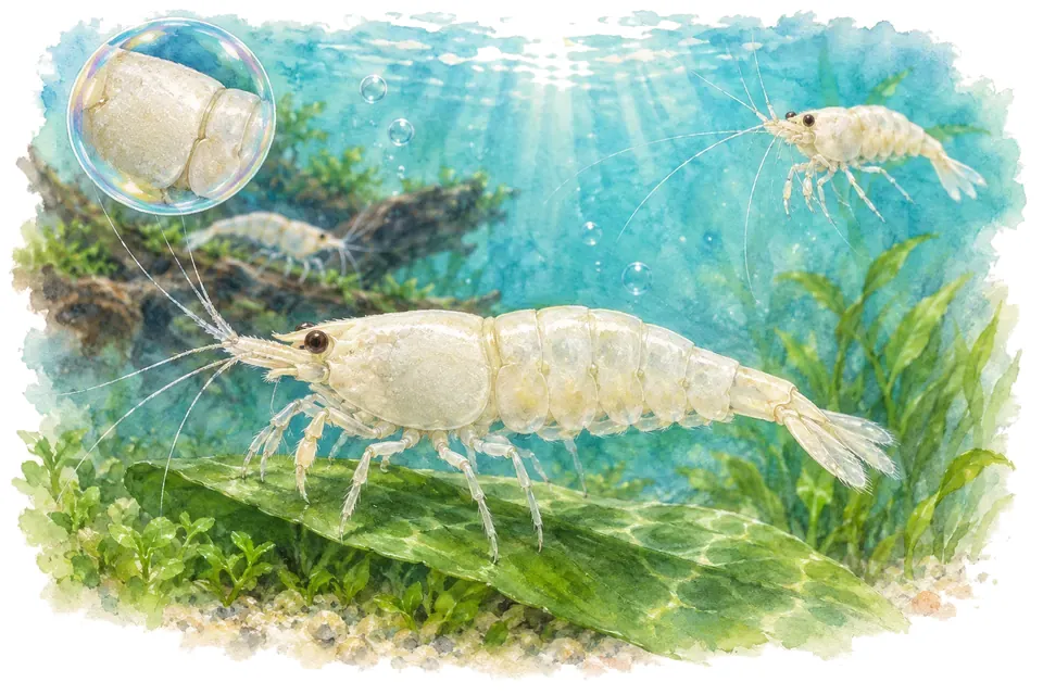 Aquarelle : Crevette golden bee ou snow white (Caridina logemanni) dans une eau turquoise lumineuse, avec une vue de trois quarts et un détail dans une bulle.