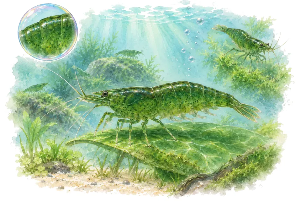 Aquarelle : Crevette green jade (Neocaridina davidi) dans une eau turquoise lumineuse, avec une vue de trois quarts et un détail dans une bulle.