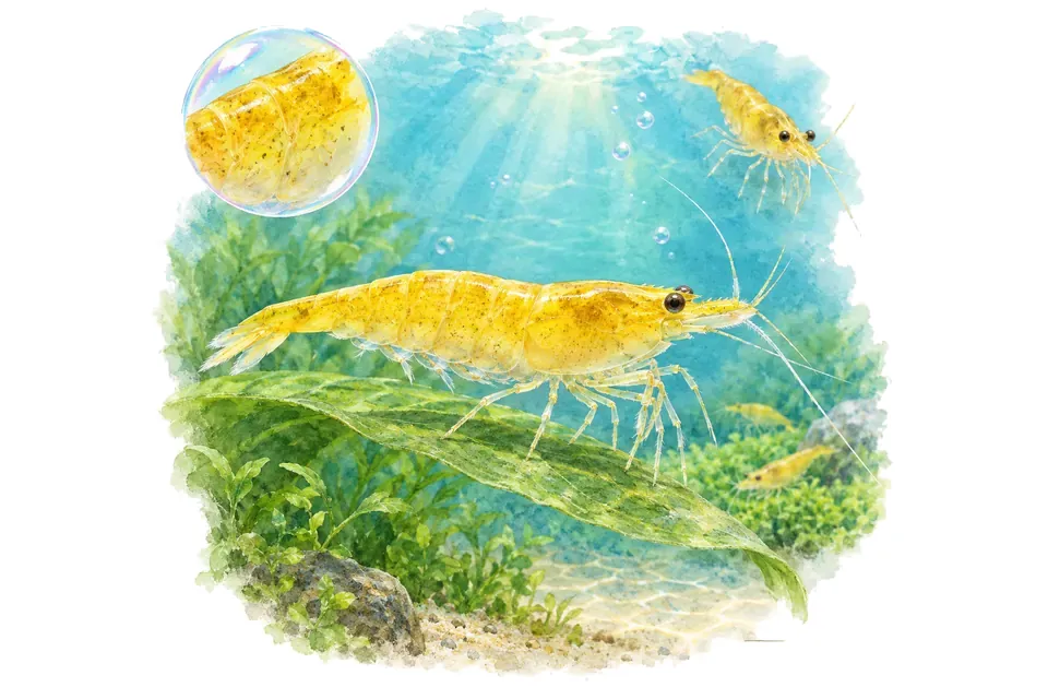 Aquarelle : Crevette jaune (Neocaridina davidi) dans une eau turquoise lumineuse, avec une vue de trois quarts et un détail dans une bulle.