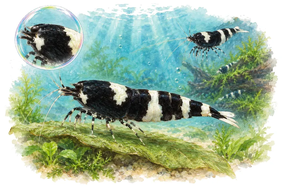Aquarelle : Crevette king kong (Caridina logemanni) dans une eau turquoise lumineuse, avec une vue de trois quarts et un détail dans une bulle.