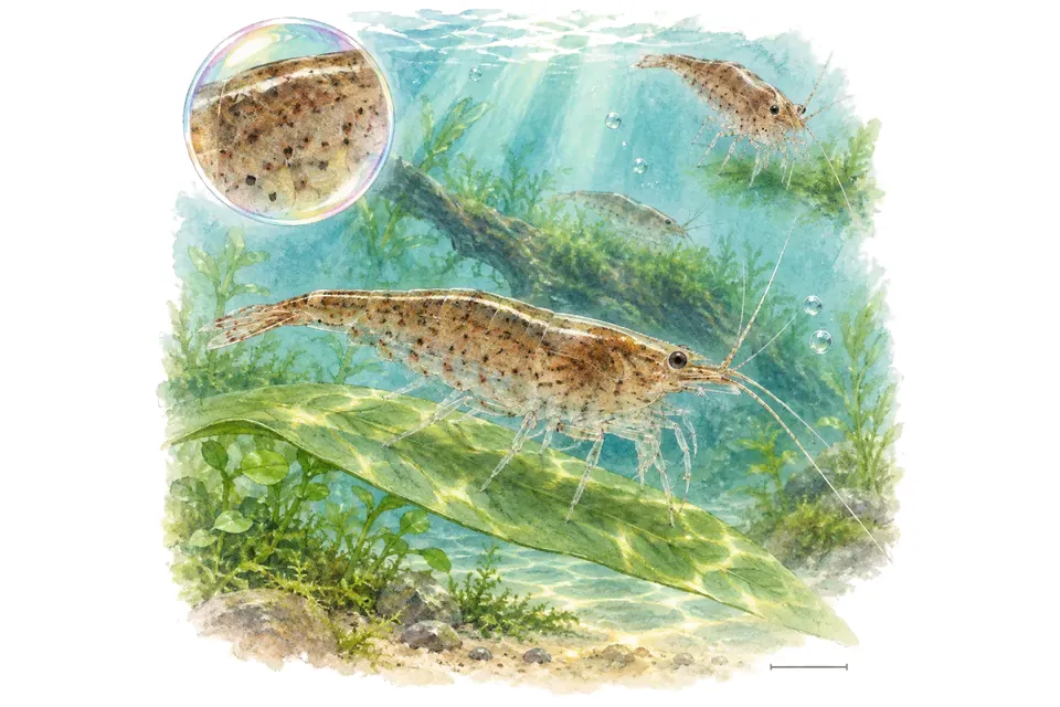 Aquarelle : Crevette neocaridina sauvage (Neocaridina davidi) dans une eau turquoise lumineuse, avec une vue de trois quarts et un détail dans une bulle.