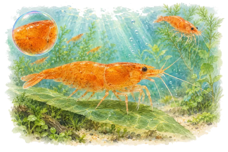 Aquarelle : Crevette orange (Neocaridina davidi) dans une eau turquoise lumineuse, avec une vue de trois quarts et un détail dans une bulle.