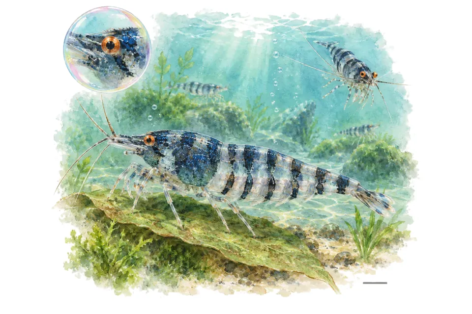 Aquarelle : Crevette tigre bleue à yeux orange (Caridina mariae) dans une eau turquoise lumineuse, avec une vue de trois quarts et un détail dans une bulle.