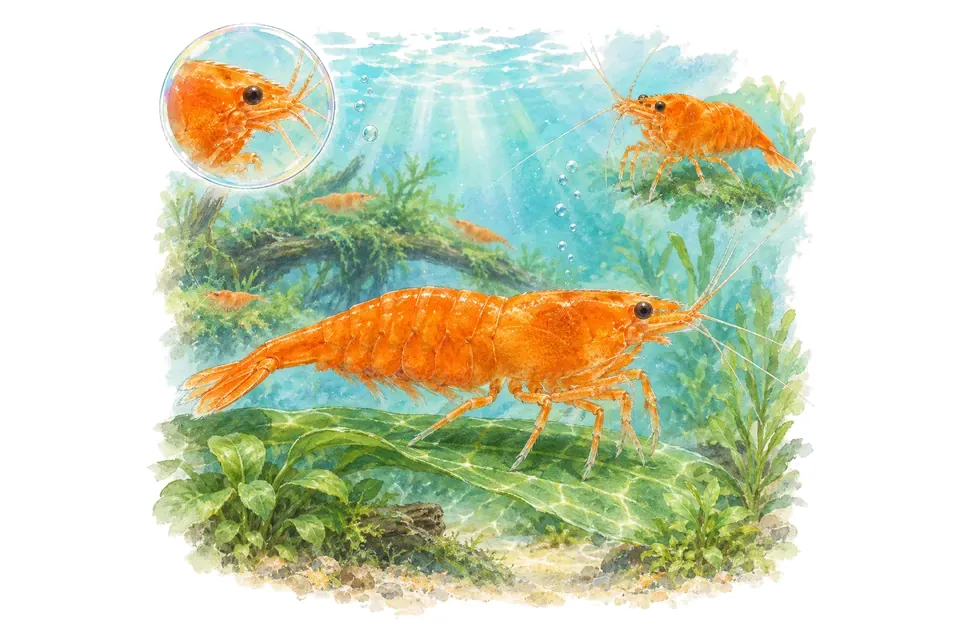Aquarelle : Crevette orange sakura (Neocaridina davidi) dans une eau turquoise lumineuse, avec une vue de trois quarts et un détail dans une bulle.