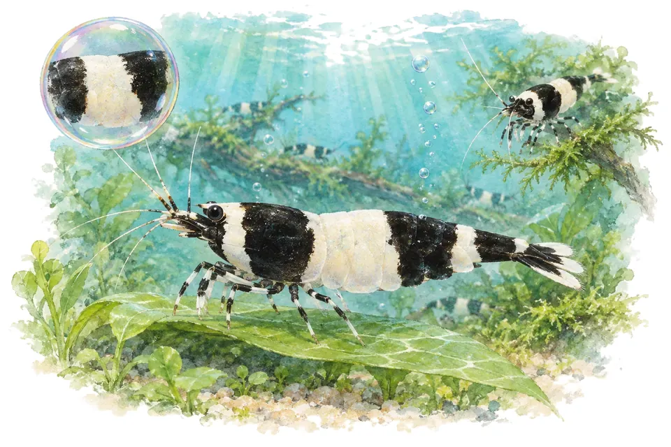 Aquarelle : Crevette panda (Caridina logemanni) dans une eau turquoise lumineuse, avec une vue de trois quarts et un détail dans une bulle.