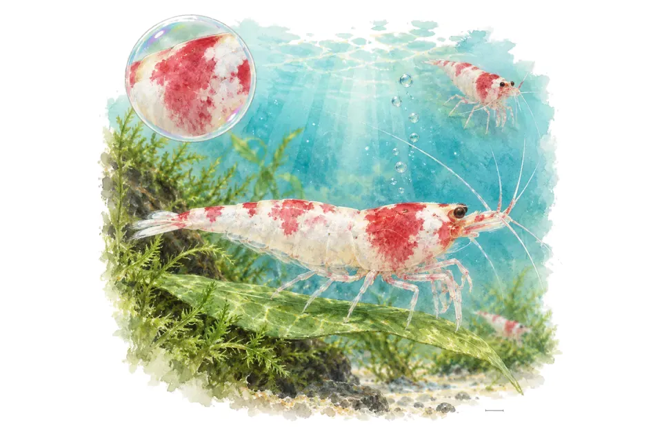 Aquarelle : Crevette red bolt (Caridina logemanni) dans une eau turquoise lumineuse, avec une vue de trois quarts et un détail dans une bulle.