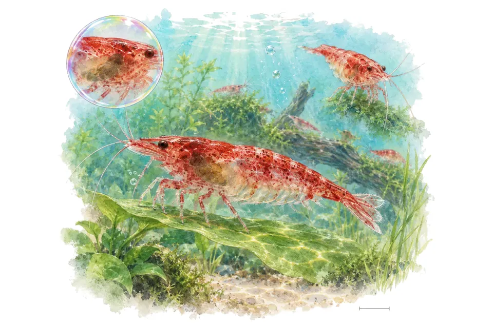 Aquarelle : Crevette red cherry (Neocaridina davidi) dans une eau turquoise lumineuse, avec une vue de trois quarts et un détail dans une bulle.
