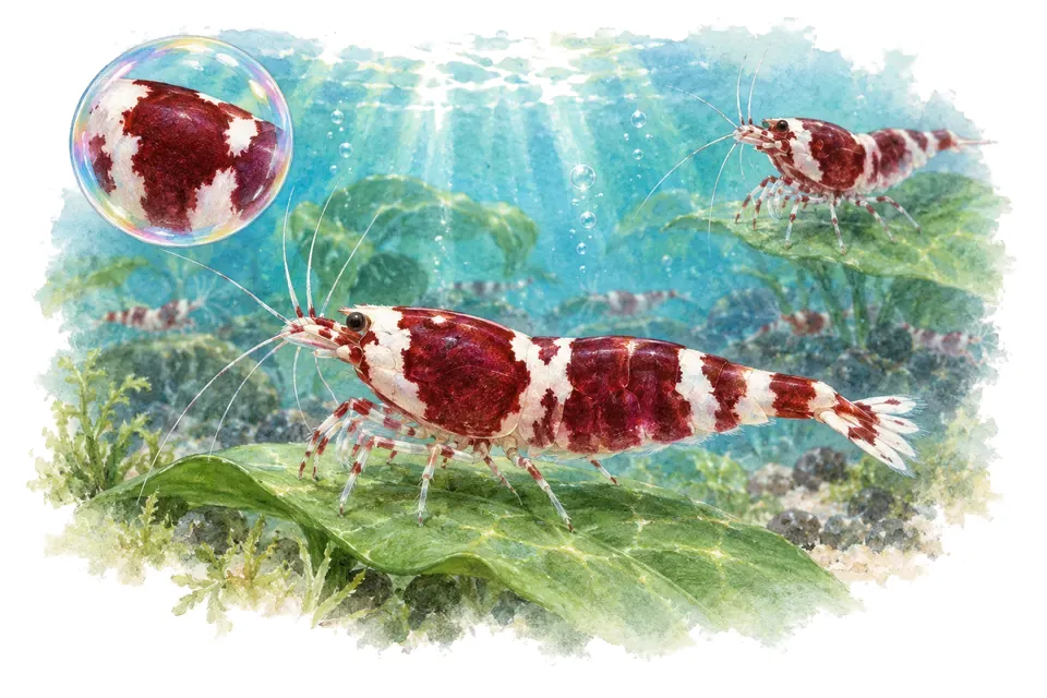 Aquarelle : Crevette red wine (Caridina logemanni) dans une eau turquoise lumineuse, avec une vue de trois quarts et un détail dans une bulle.