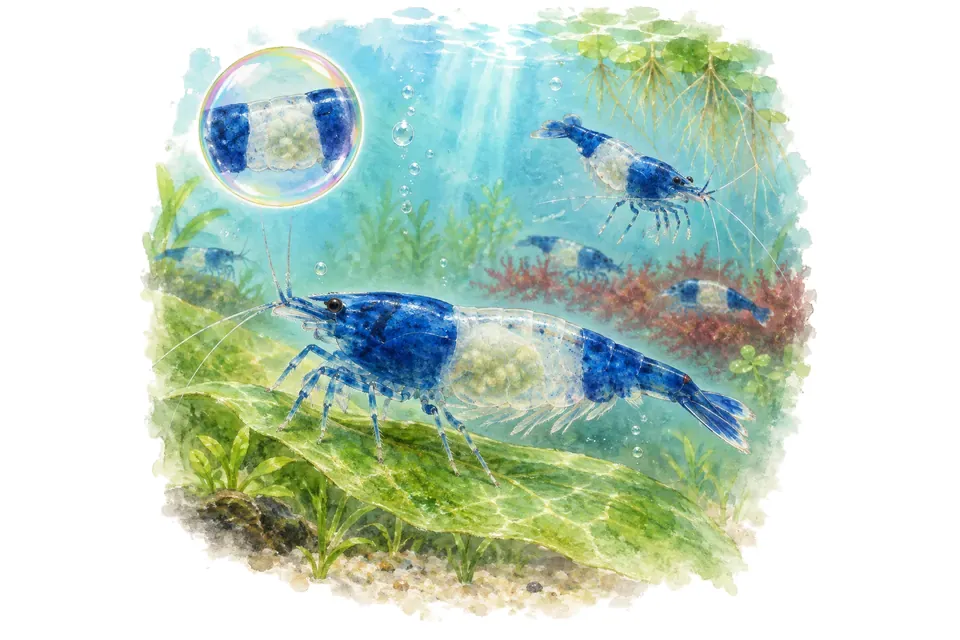 Aquarelle : Crevette rili bleu (Neocaridina davidi) dans une eau turquoise lumineuse, avec une vue de trois quarts et un détail dans une bulle.