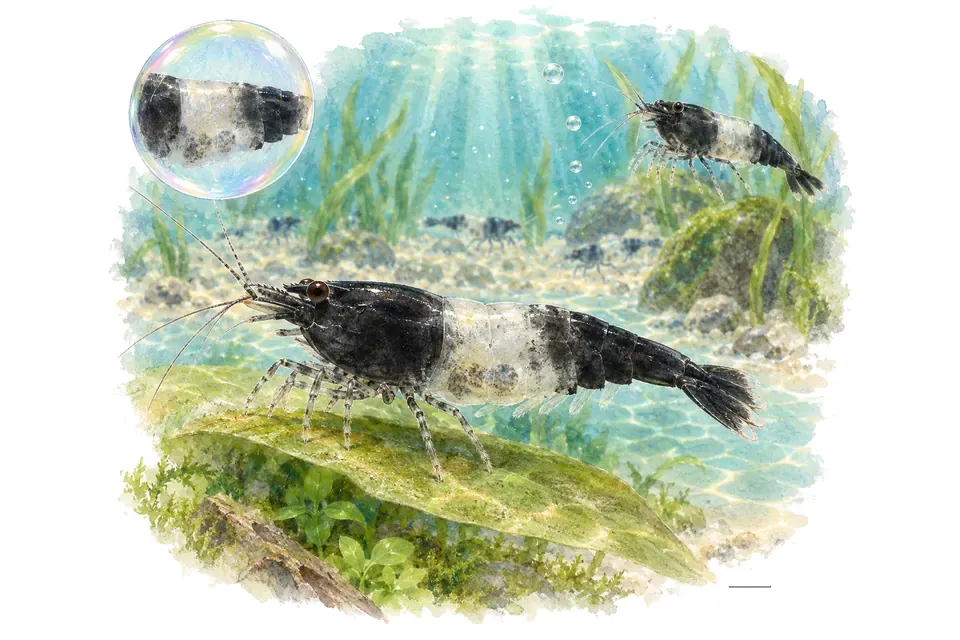 Aquarelle : Crevette rili carbone (Neocaridina davidi) dans une eau turquoise lumineuse, avec une vue de trois quarts et un détail dans une bulle.