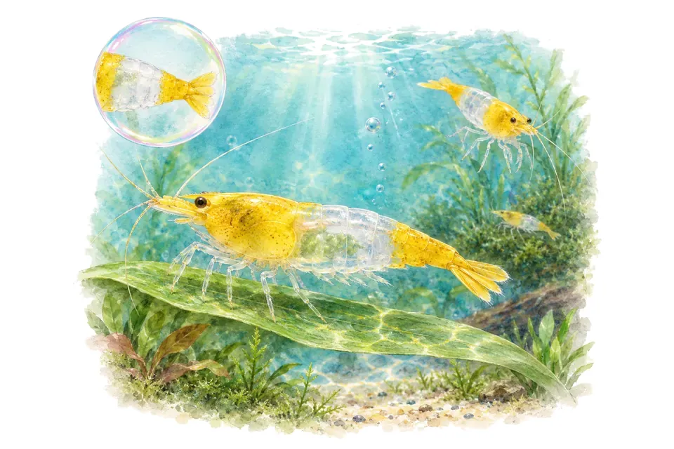 Aquarelle : Crevette rili jaune (Neocaridina davidi) dans une eau turquoise lumineuse, avec une vue de trois quarts et un détail dans une bulle.