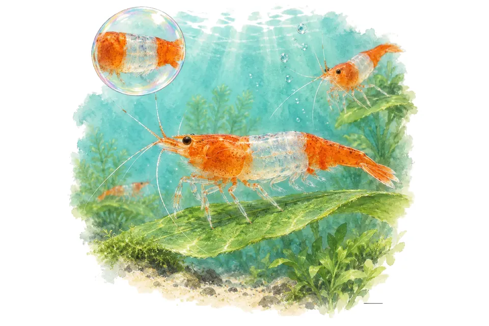 Aquarelle : Crevette rili orange (Neocaridina davidi) dans une eau turquoise lumineuse, avec une vue de trois quarts et un détail dans une bulle.