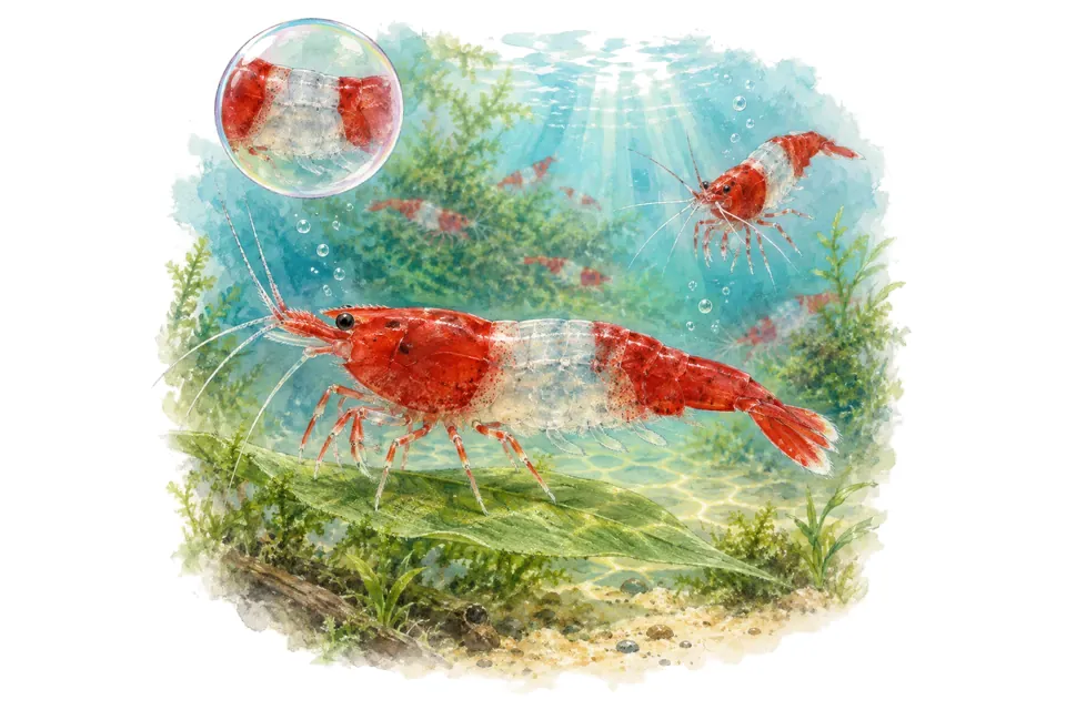 Aquarelle : Crevette rili rouge (Neocaridina davidi) dans une eau turquoise lumineuse, avec une vue de trois quarts et un détail dans une bulle.